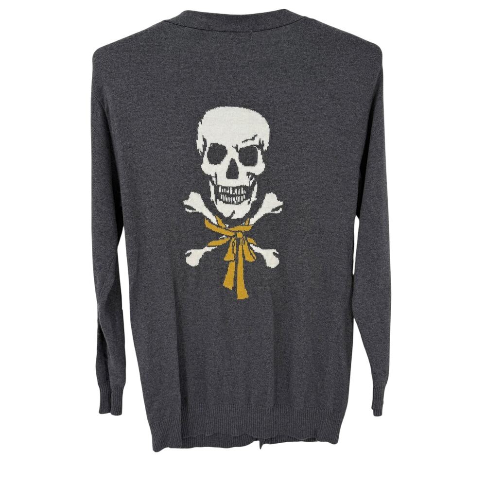 Kersh Skull Cardigan Sweater Gray Medium NWT Long Length Crossbones Bow